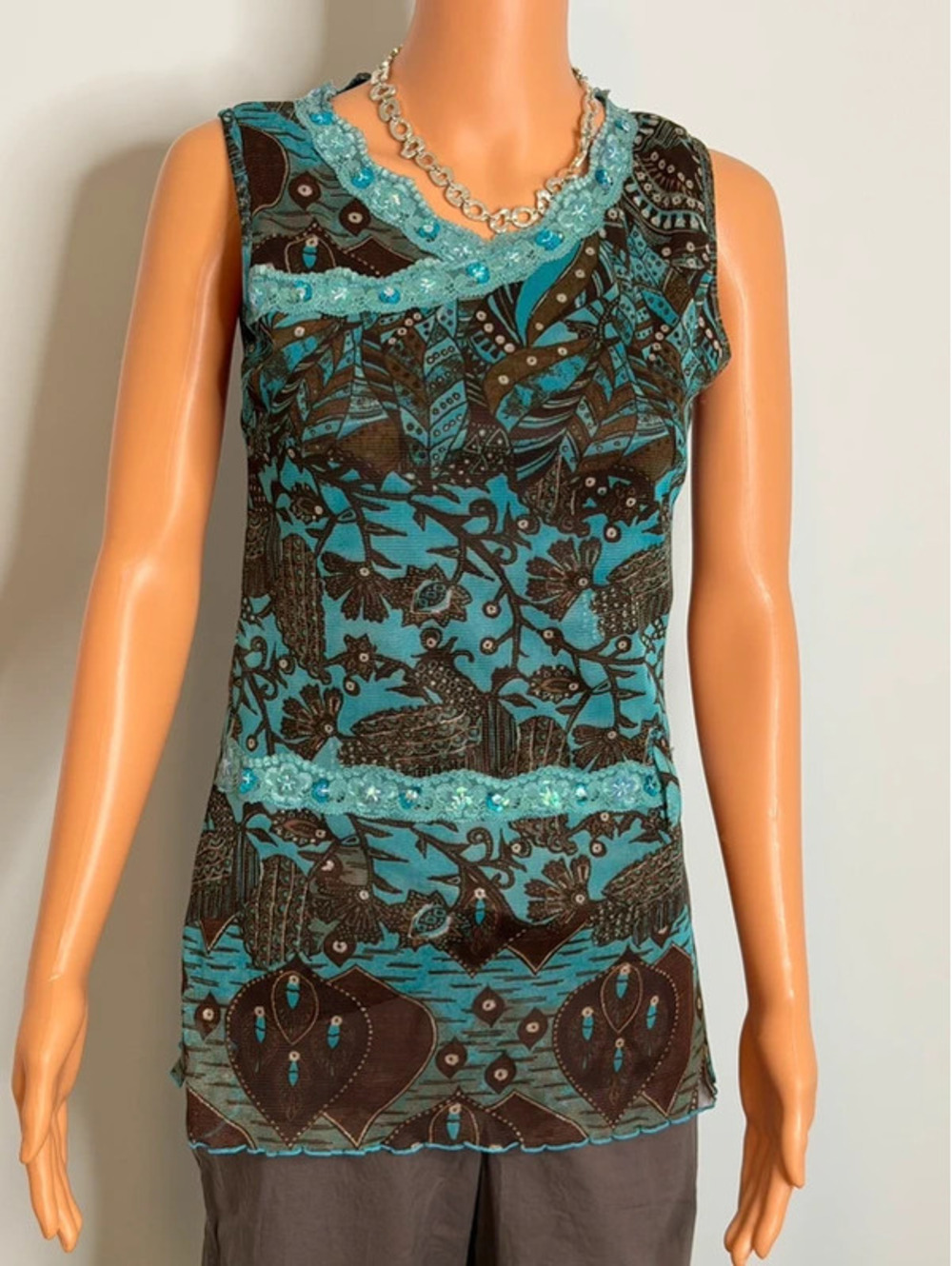 Cache Cache Y2K Teal Brown Peacock Print Mesh Tunic Sequin Trim Size S